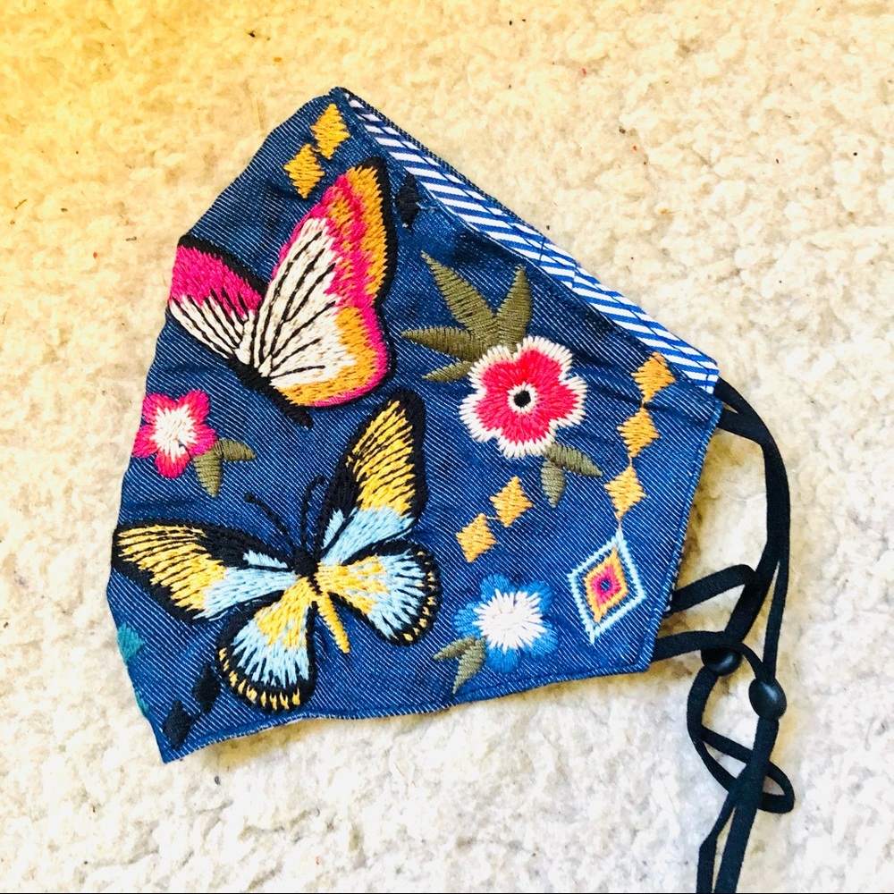 Johnny Was blue embroidered face mask.